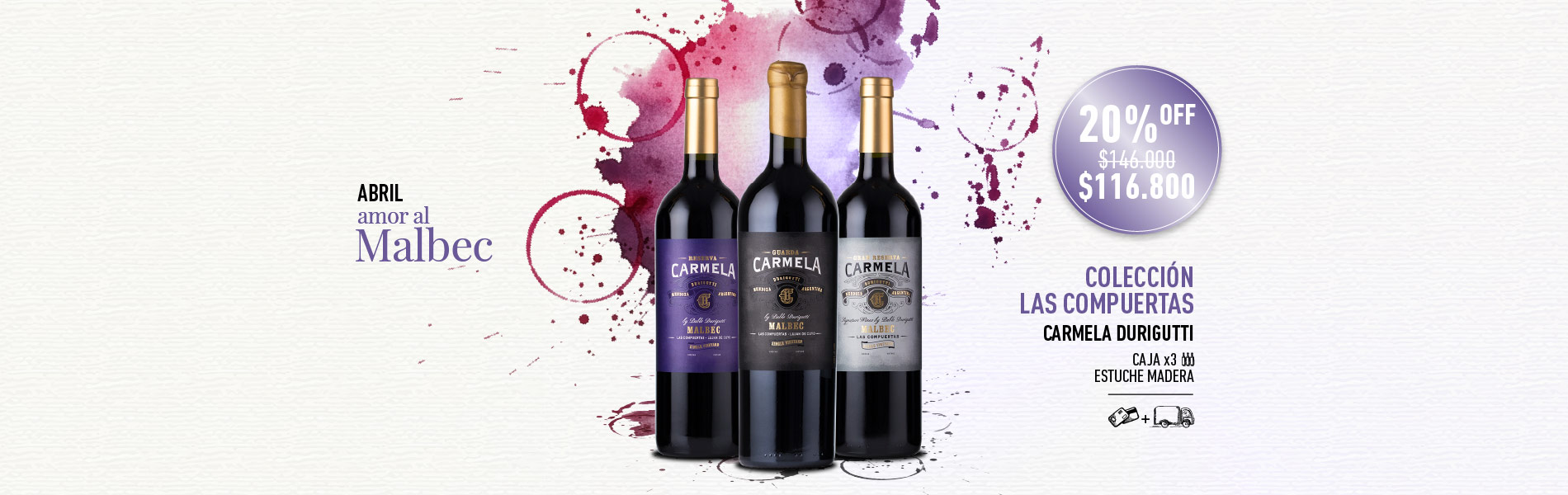 promo abril mes del malbec coleccion las compuertas carmela durigutti caja madera x3