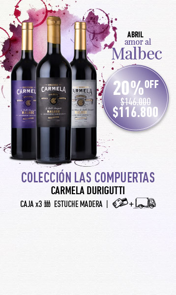 promo abril mes del malbec coleccion las compuertas carmela durigutti caja madera x3