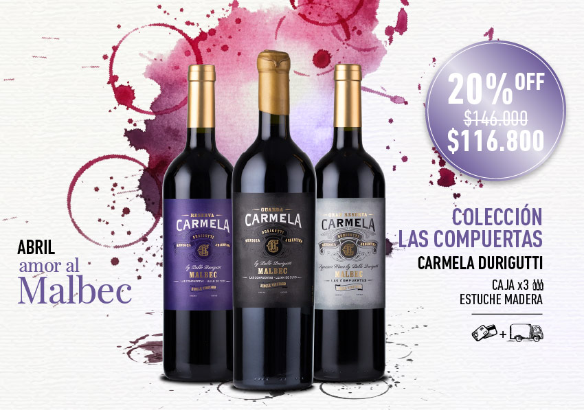 promo abril mes del malbec coleccion las compuertas carmela durigutti caja madera x3